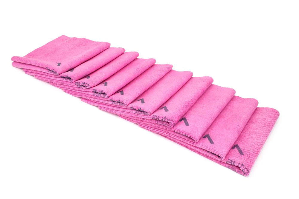 Pink AutoFiber Quadrant Wipe Microfiber Towels, 10-pack, with numbered quadrants for coating application and leveling.