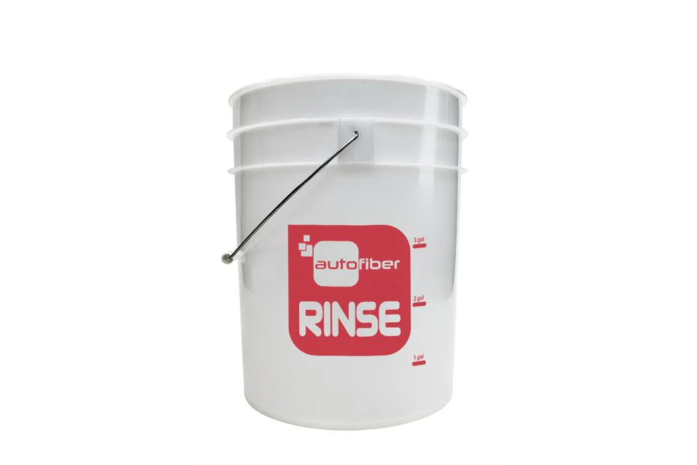 Autofiber 5 Gallon Clear Bucket with gallon markers and 'Rinse' label, ideal for rinsing mitts during car washing.