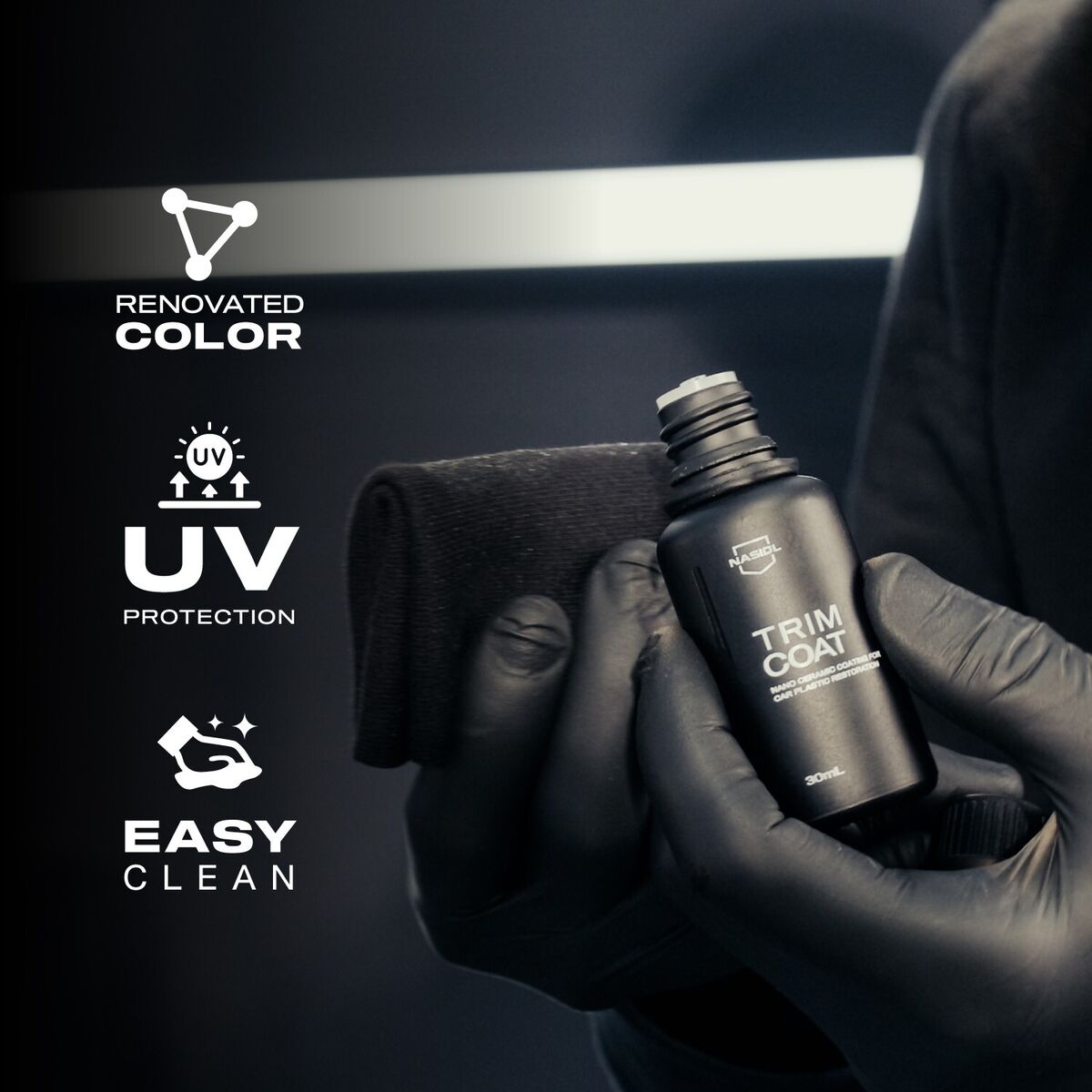 Nasiol TrimCoat, a nano ceramic coating that restores and protects faded plastic and trim on vehicles.