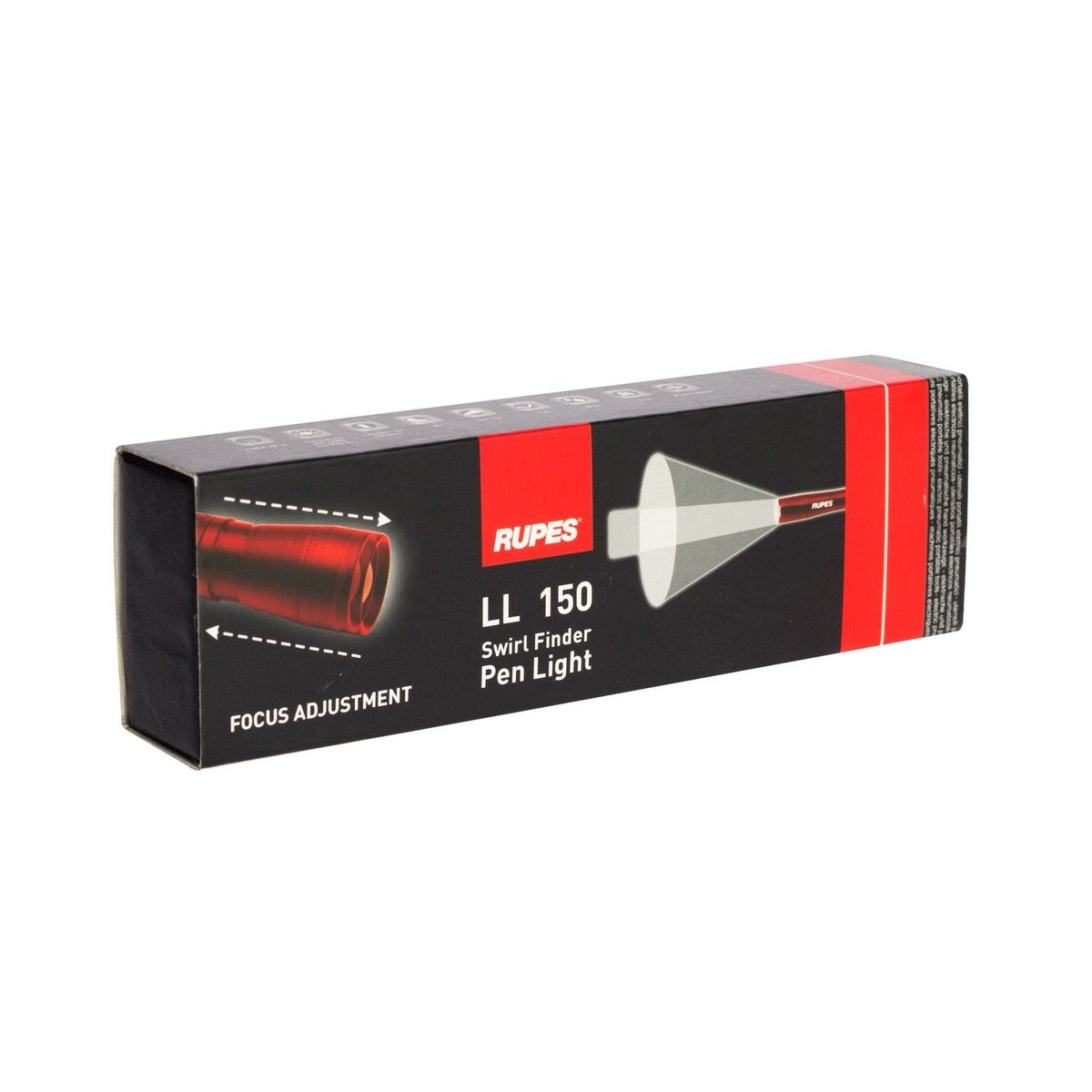 Rupes LL 150 Swirl Finder Pen Light in retail packaging, highlighting adjustable focus feature for precise paint inspection.