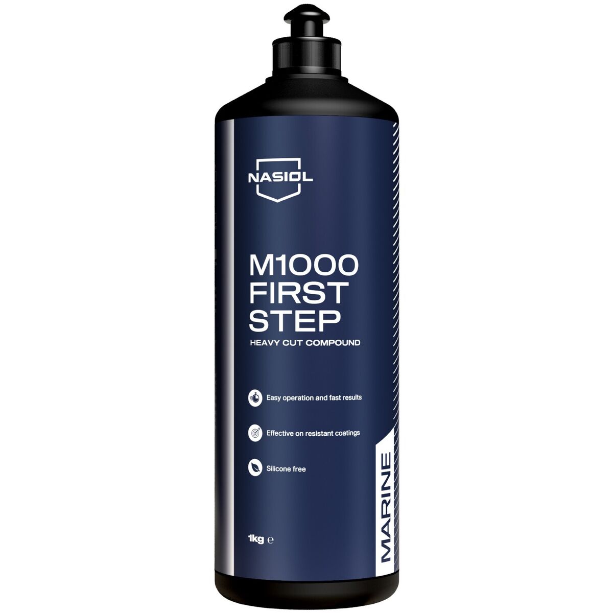 Nasiol M1000 First Step is a heavy cut compound for marine use, removing deep scratches and oxidation on boat surfaces.