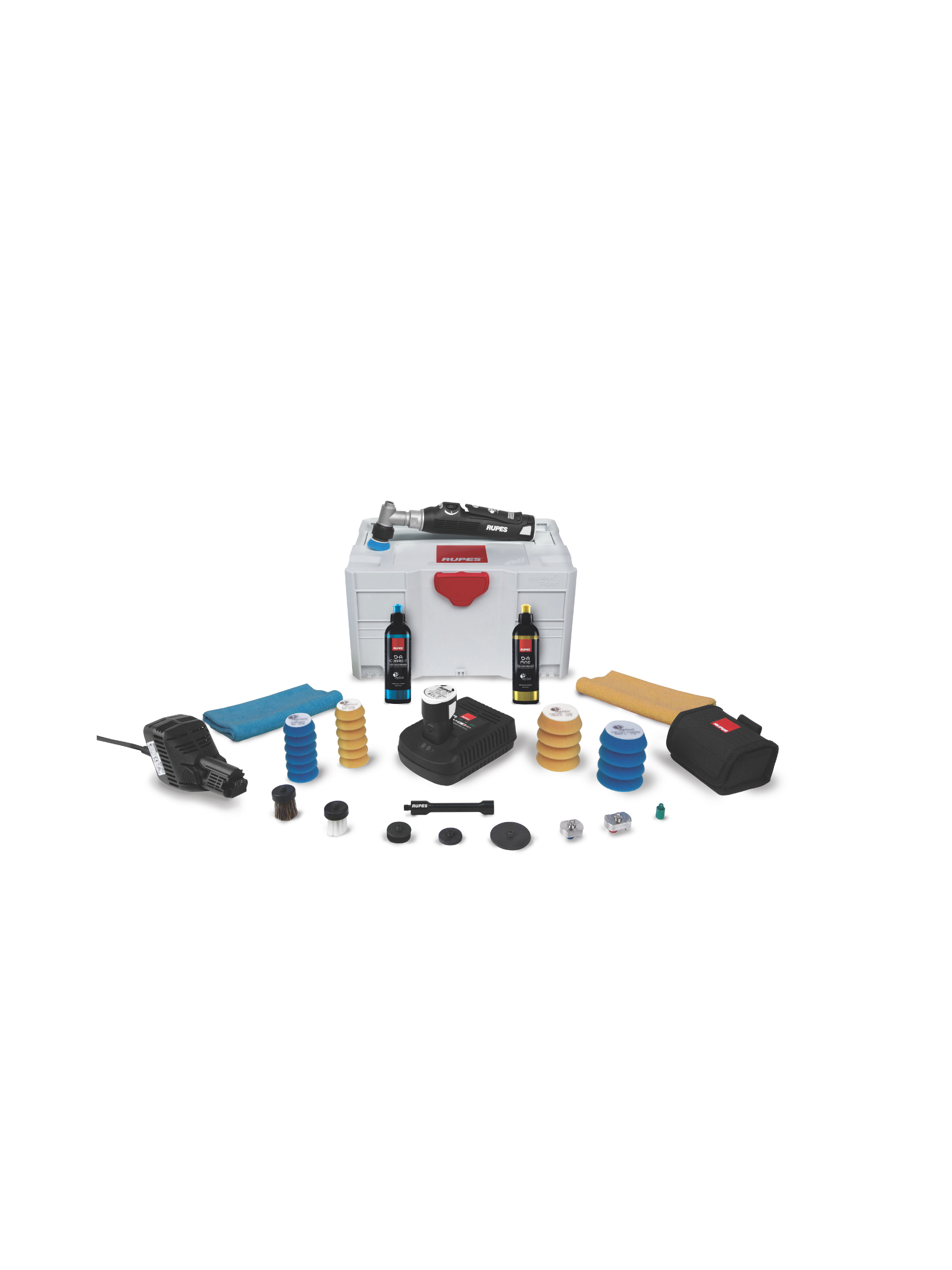RUPES iBrid Nano Short Neck kit shown with included pads, adapters, batteries, charger, and Systainer case.