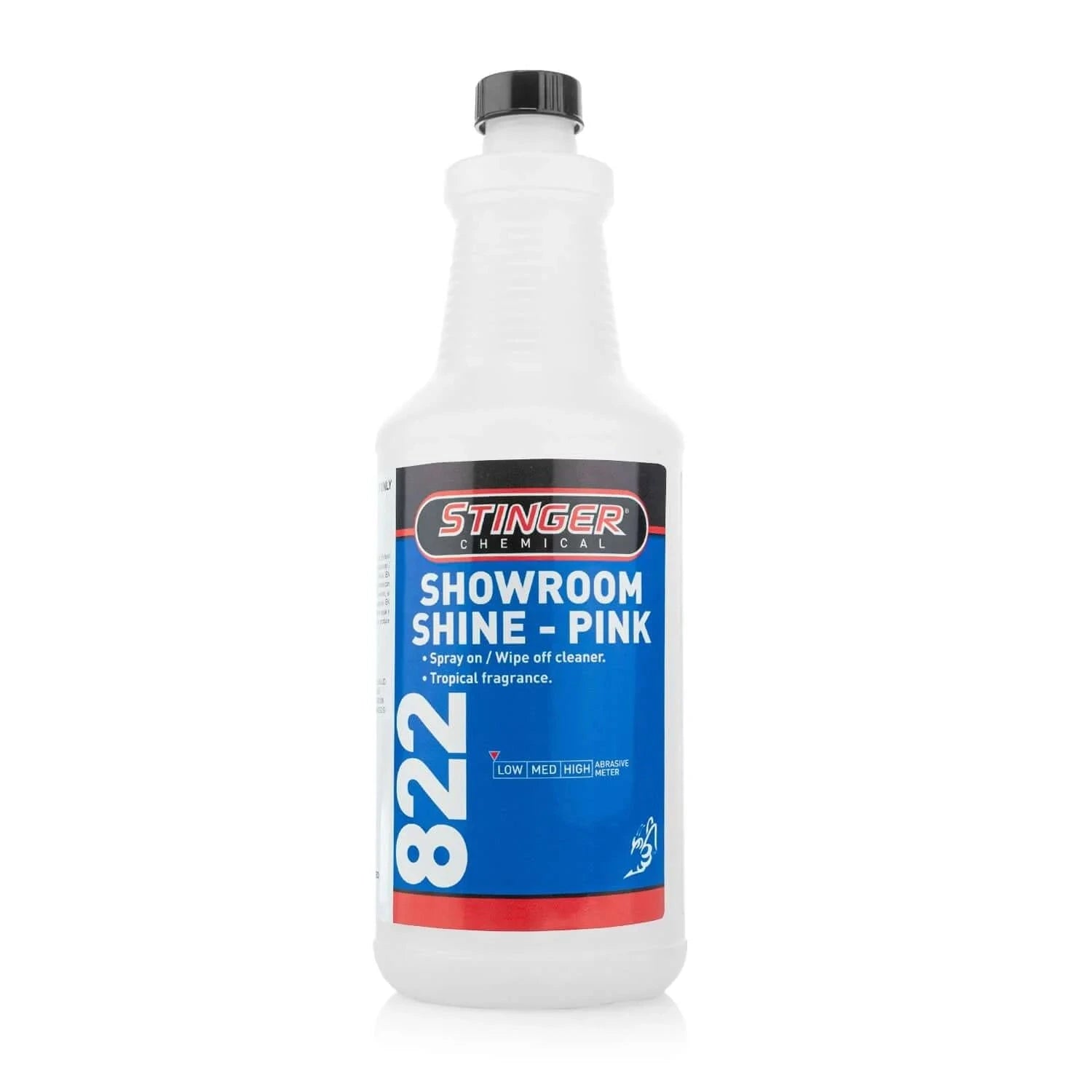 32 OZ Bottle of Stinger 822 SHOWROOM SHINE that removes smudges and dust, leaving a glossy finish with a tropical scent.