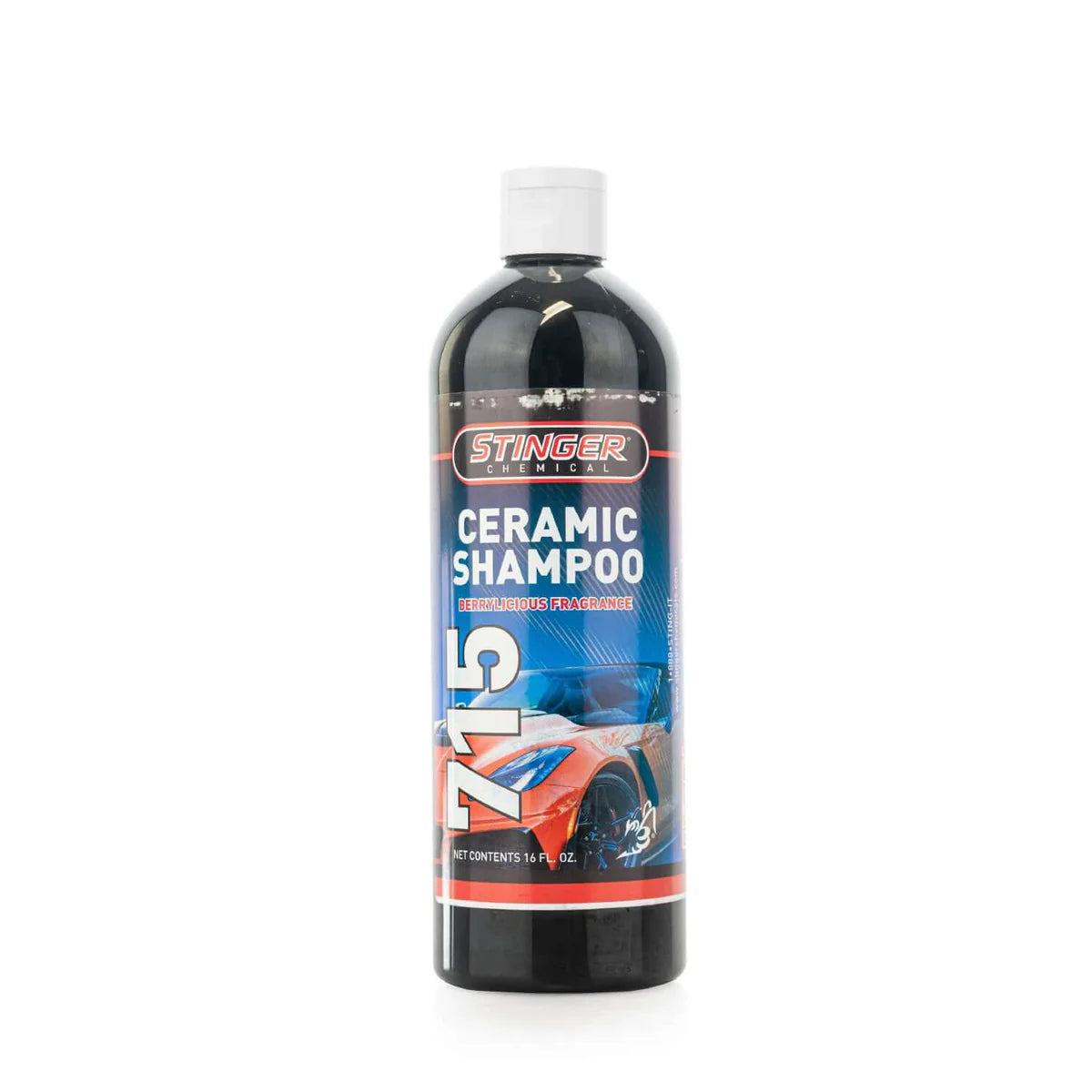 16oz of STINGER 715 CERAMIC SHAMPOO cleans and adds SiO2 protection in one step, leaving a glossy, hydrophobic finish.