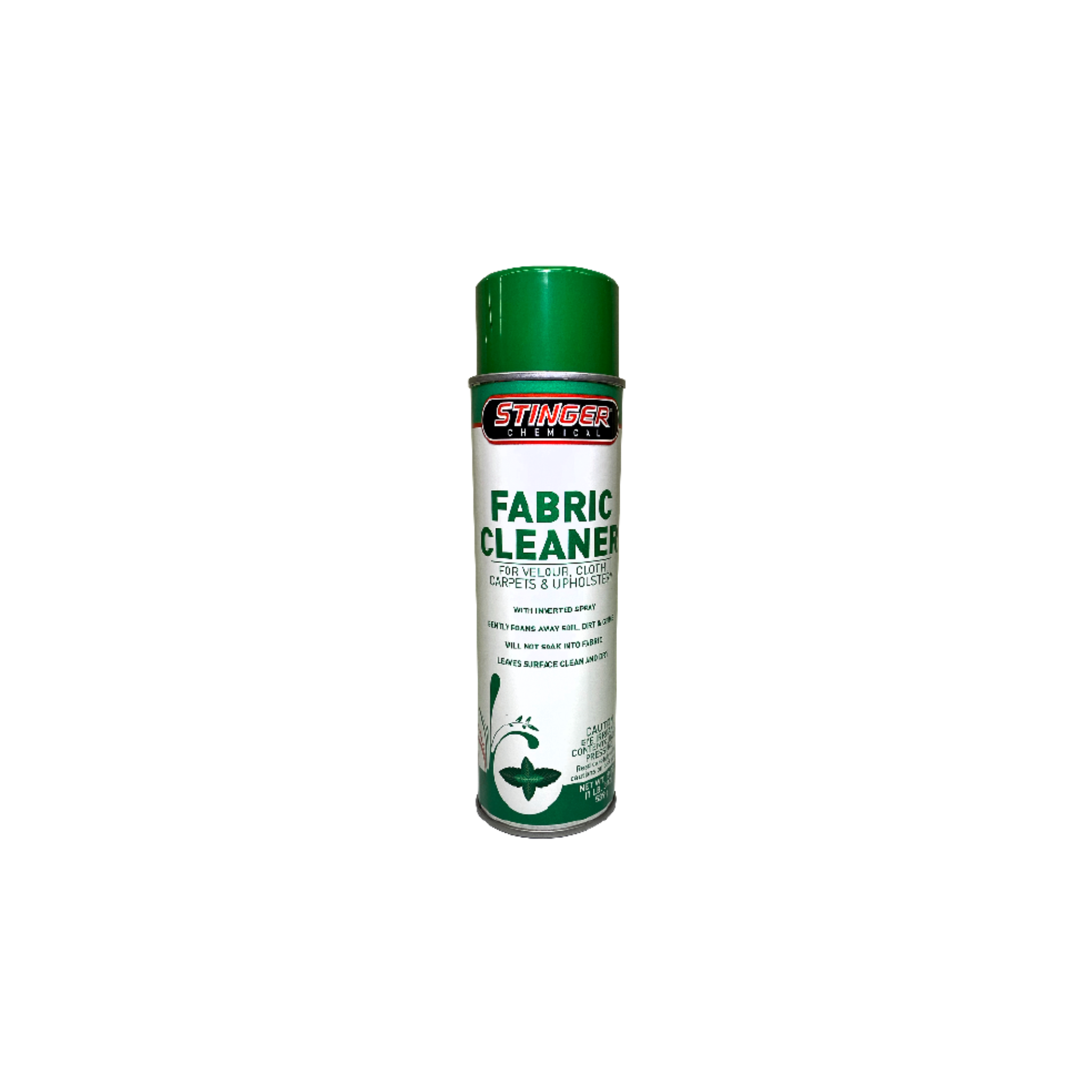 STINGER 602 FABRIC CLEANER with thick dry foam, lifts dirt from fabric and carpet, mint scented, leaves no residue.