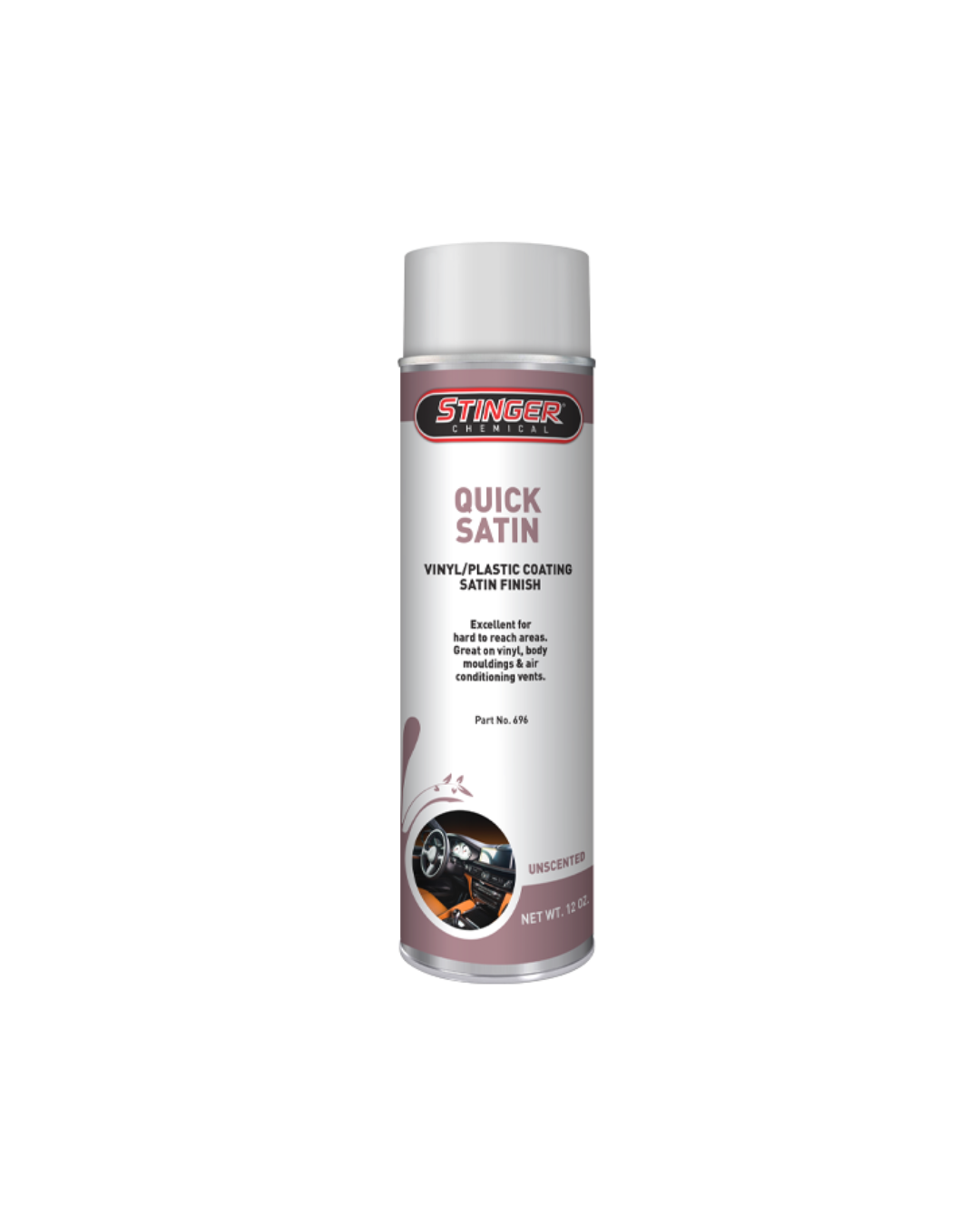 Stinger 696 Quick Satin, a premium water-based dressing that restores a smooth satin finish to vinyl, plastic, and rubber.
