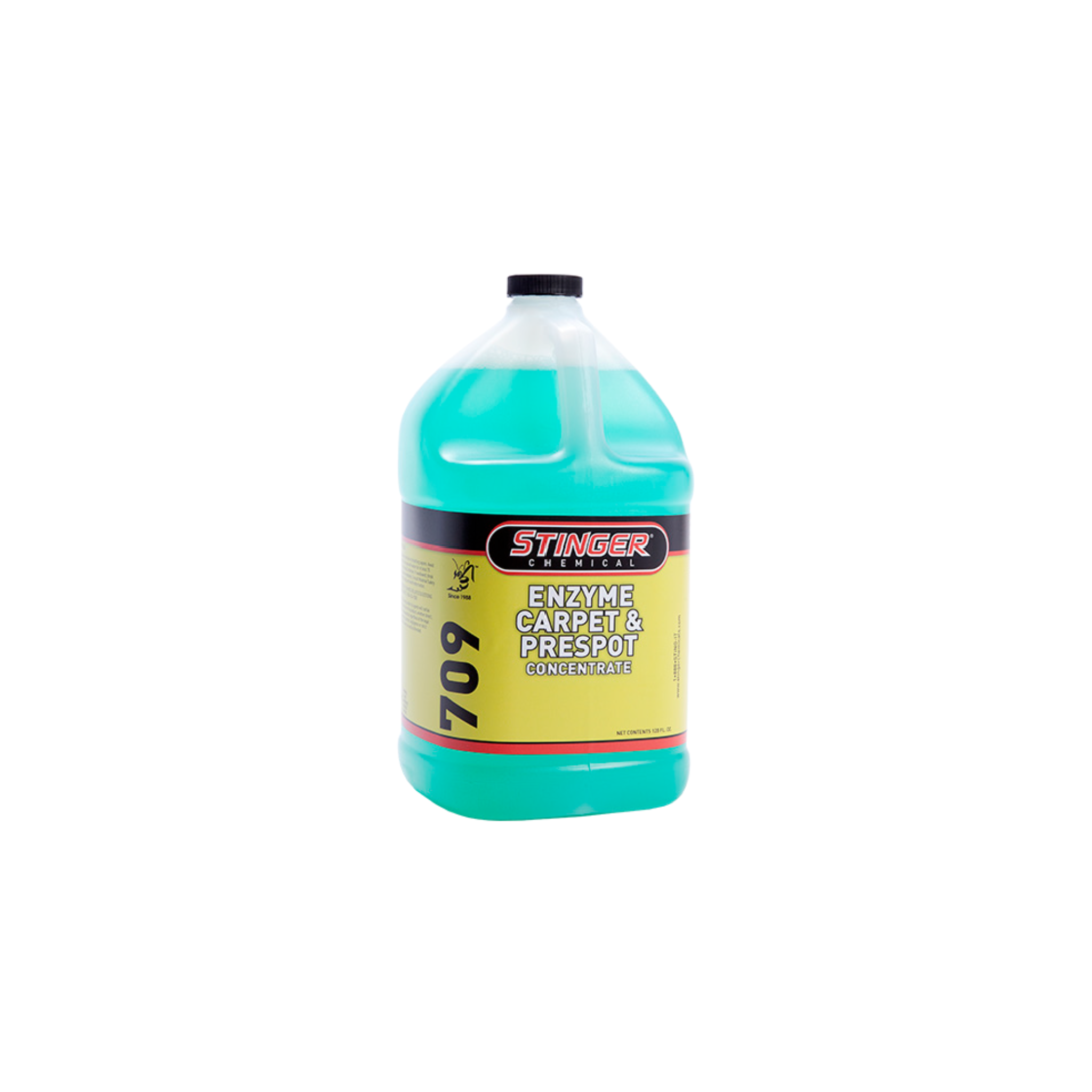 STINGER 709 ENZYME CARPET & PRESPOTTER uses live cultures to remove stains and odors from carpets and seats; mint scented.