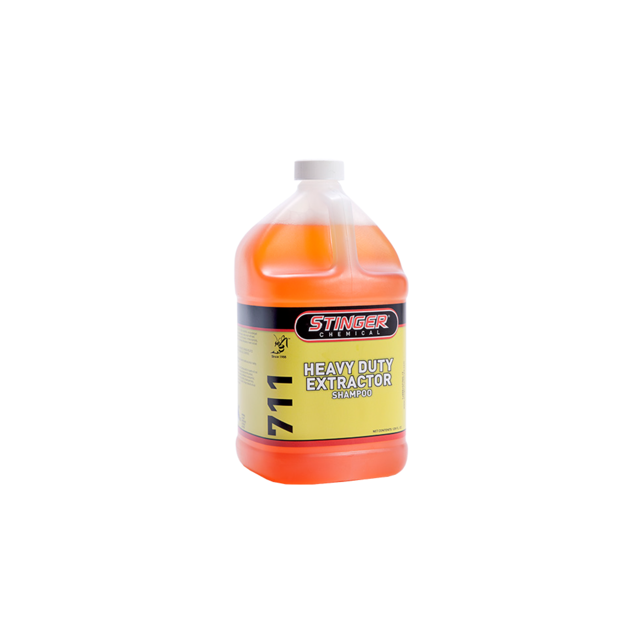 Stinger 711 HD EXTRACTOR CONCENTRATE for interior fabrics; low-foam, citrus-scented, rinses clean with no residue.