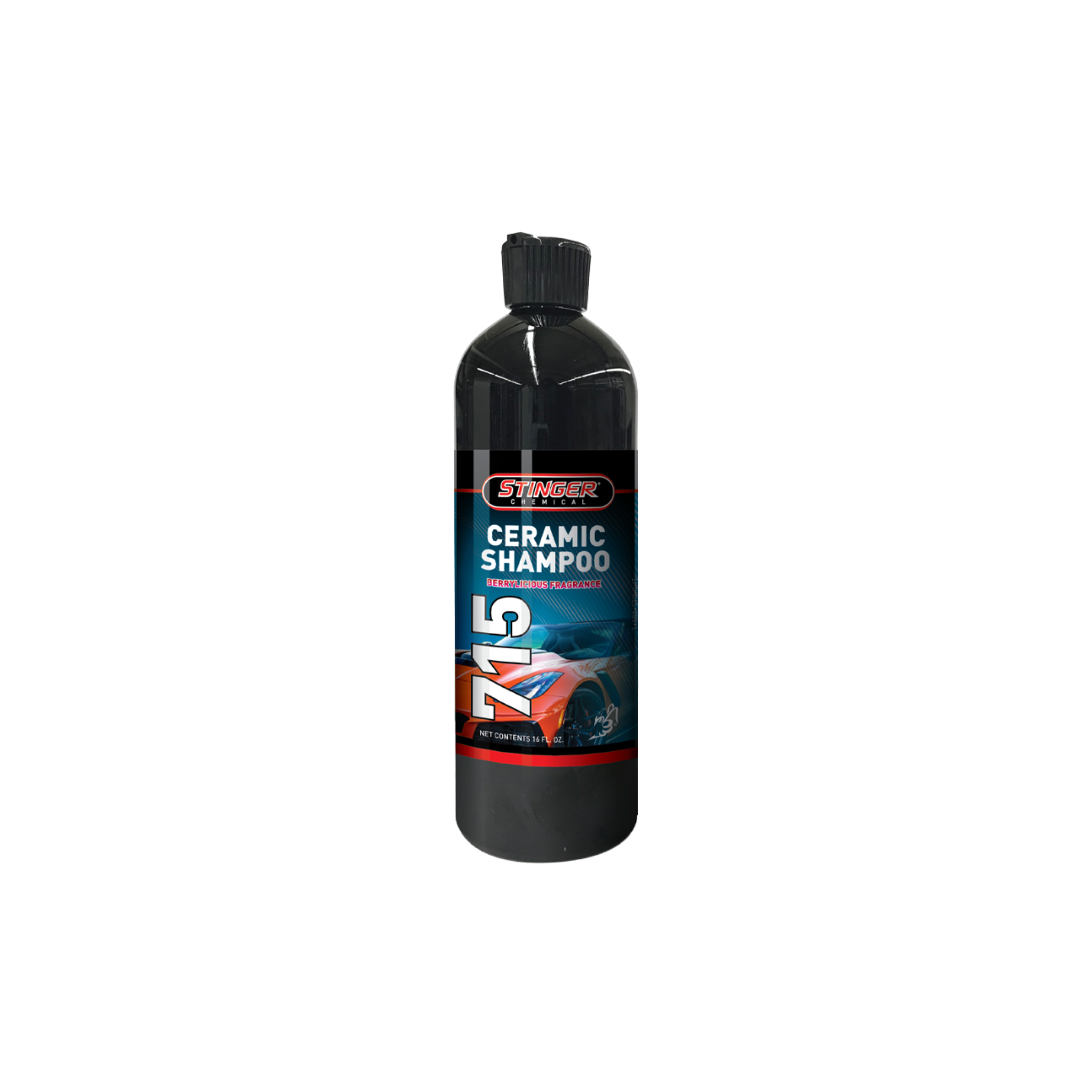 16oz of STINGER 715 CERAMIC SHAMPOO cleans and adds SiO2 protection in one step, leaving a glossy, hydrophobic finish.