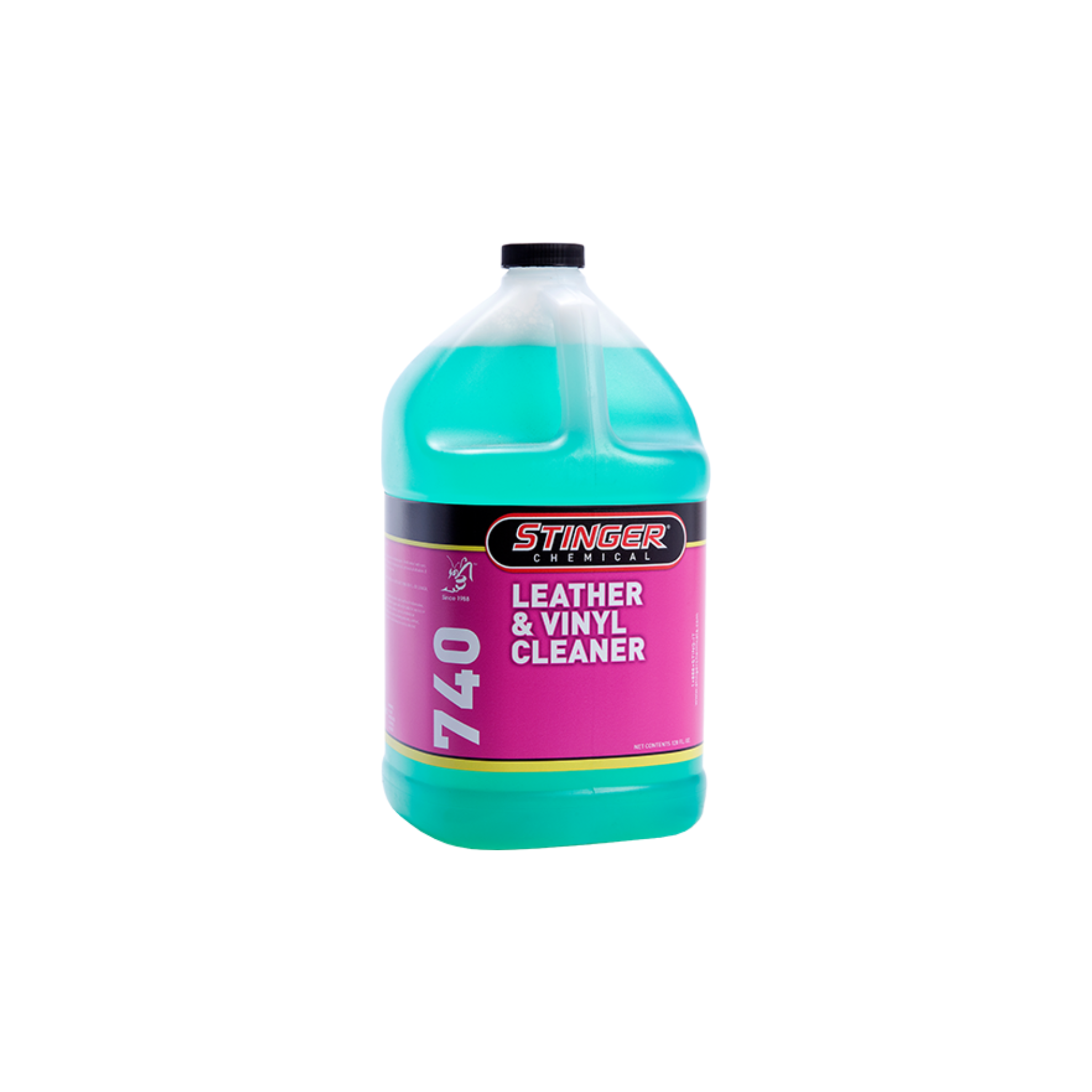 Stinger 740 LEATHER & VINYL CLEANER pH-neutral formula removes grease, dust, and stains; safe for all surfaces.