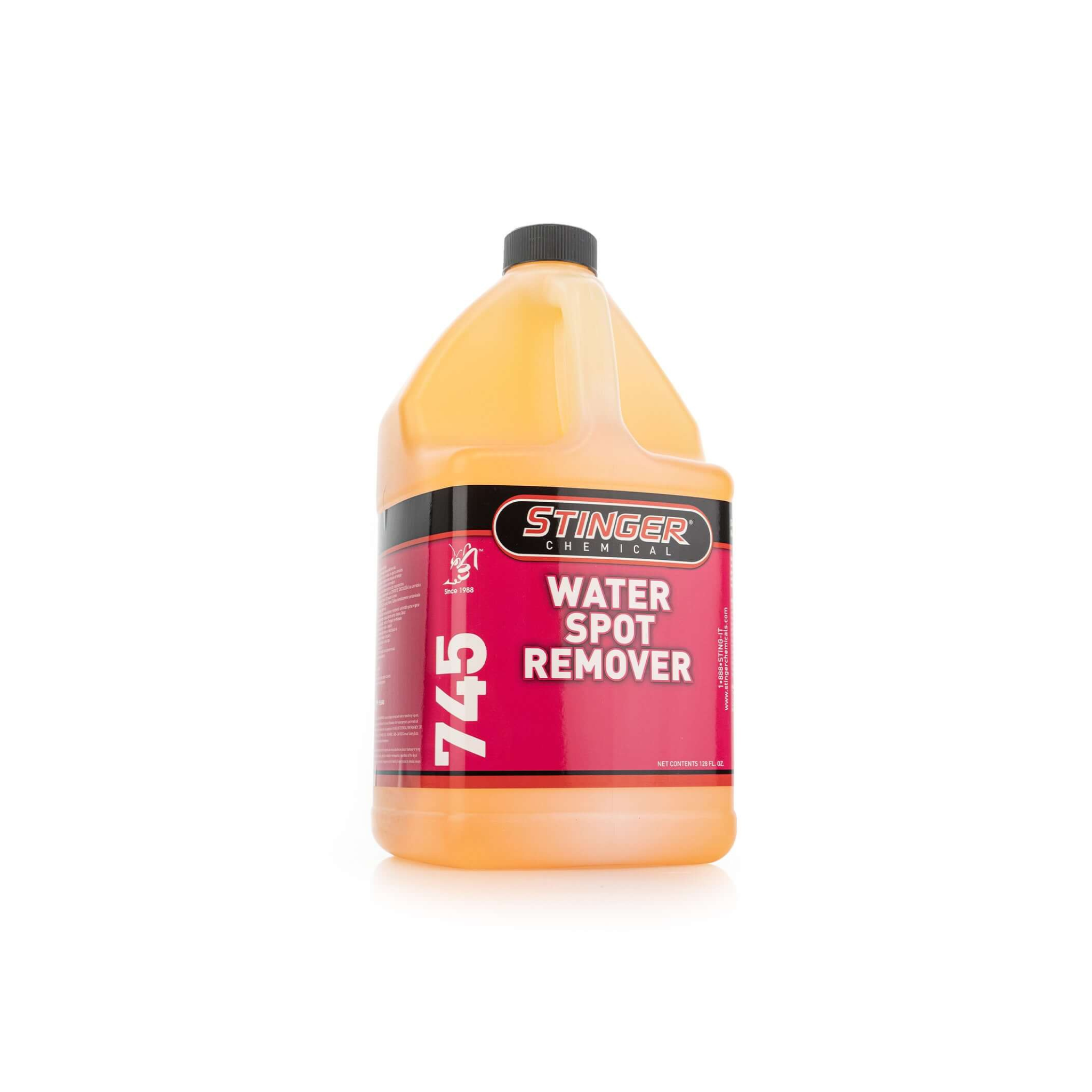 STINGER 745 WATER SPOT REMOVER removes hard water stains and mineral deposits from glass, paint, and chrome.
