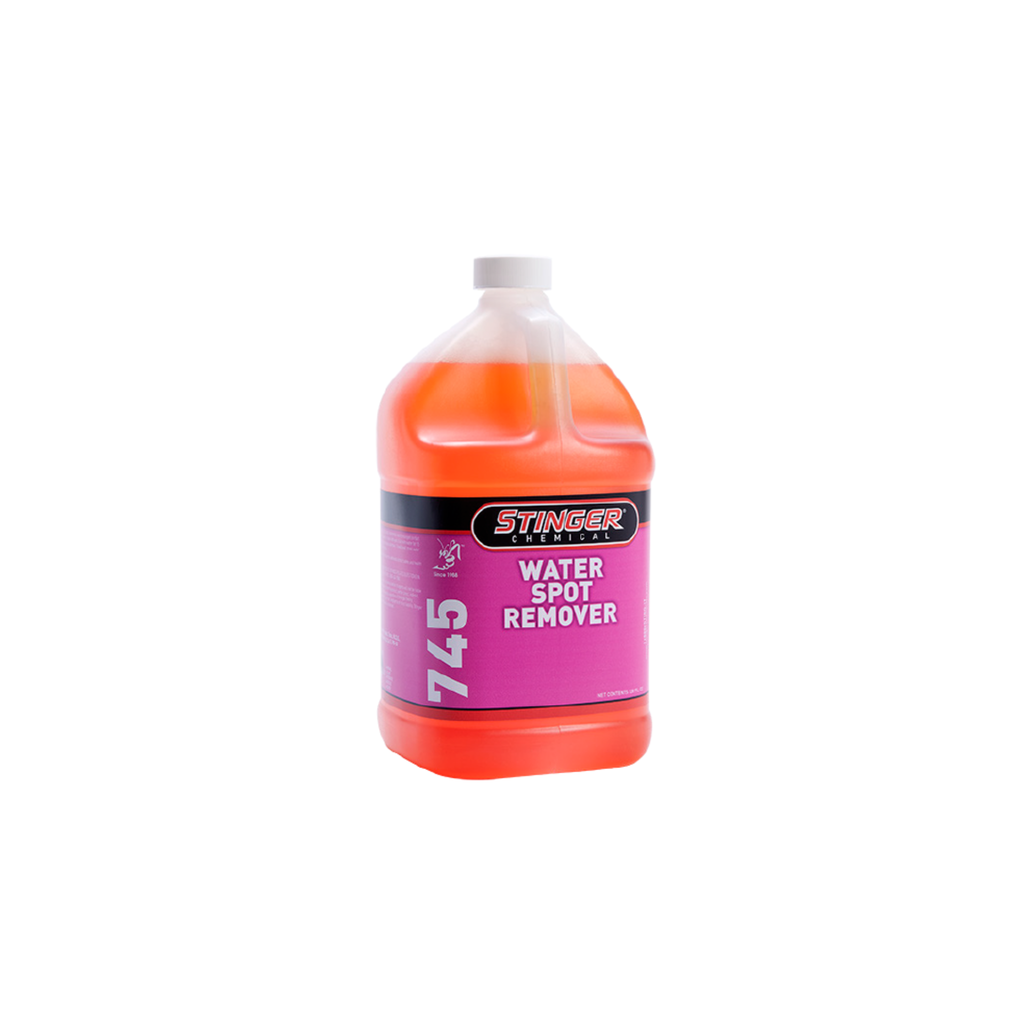 STINGER 745 WATER SPOT REMOVER removes hard water stains and mineral deposits from glass, paint, and chrome.