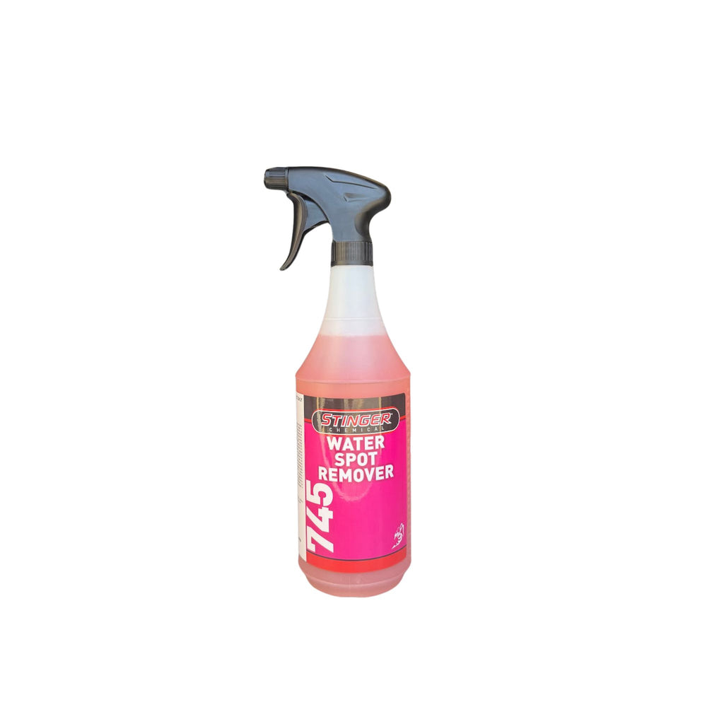 STINGER 745 WATER SPOT REMOVER removes hard water stains and mineral deposits from glass, paint, and chrome.
