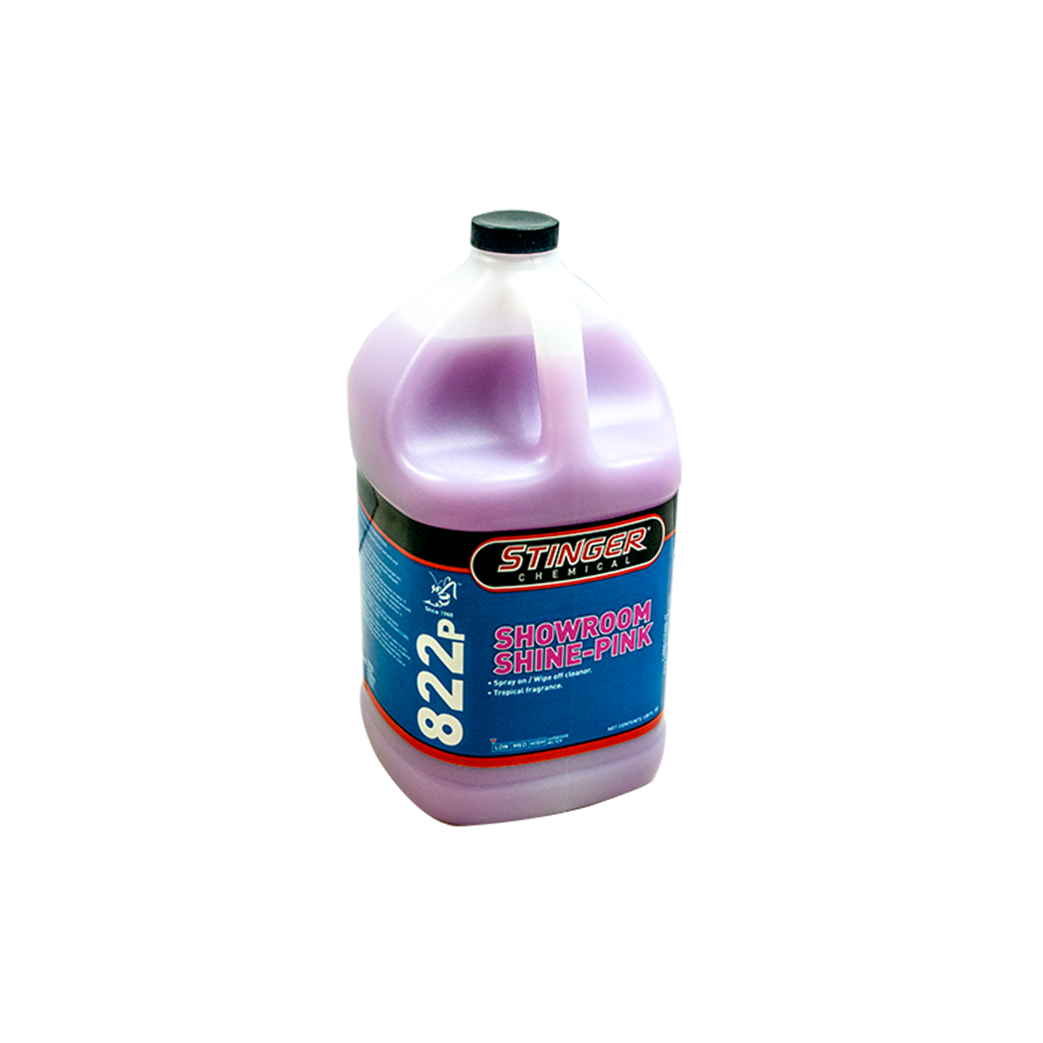 1G jug of Stinger 822 SHOWROOM SHINE that removes smudges and dust, leaving a glossy finish with a tropical scent.