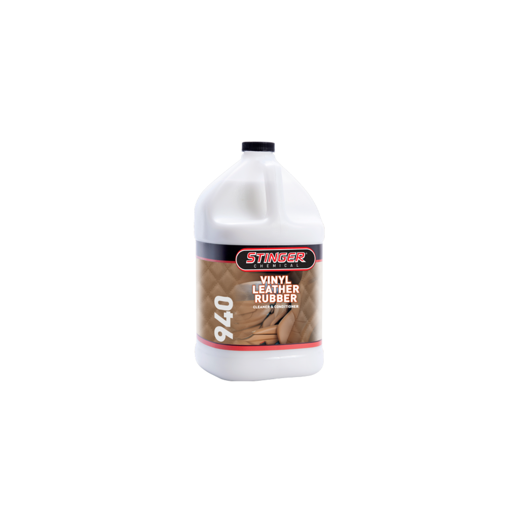 STINGER 940 VINYL LEATHER RUBBER CLEANER AND CONDITIONER cleans, conditions, and protects with UV defense and glossy finish.