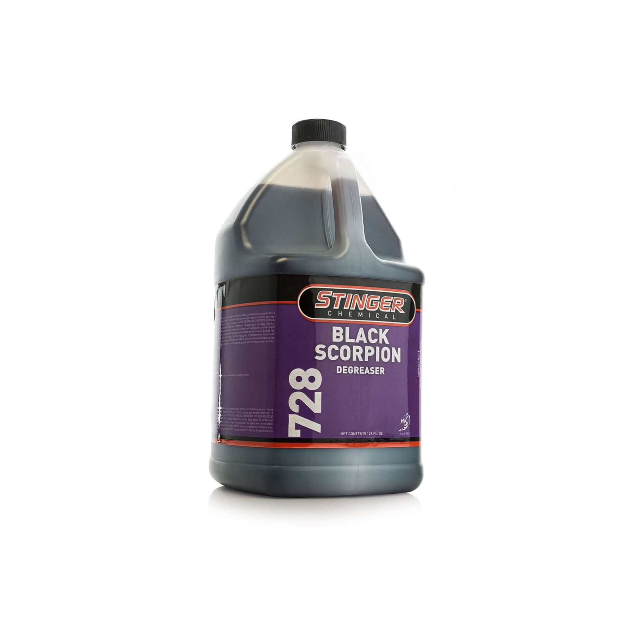 Stinger 728 BLACK SCORPION, a powerful degreaser that removes tough grease, oil, and grime from engines and other surfaces.