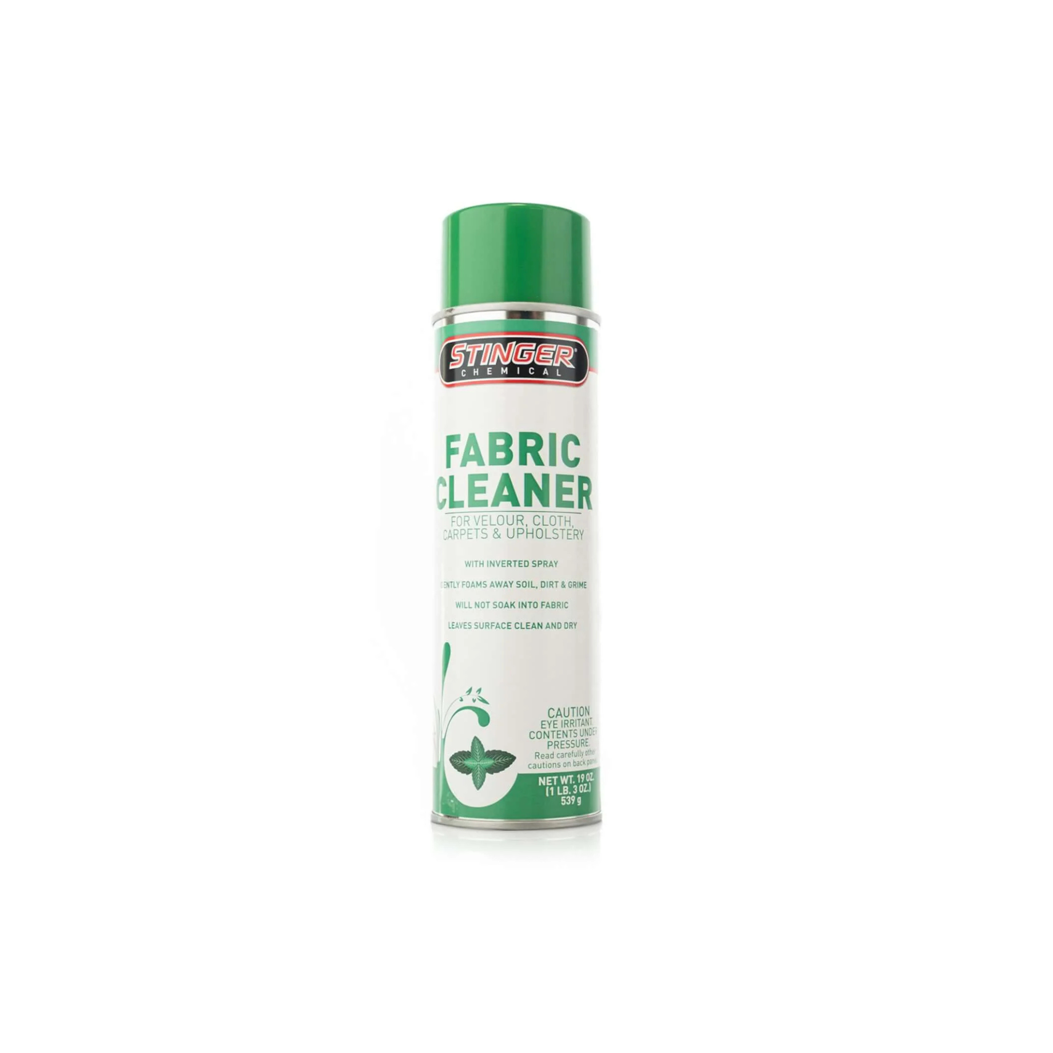 STINGER 602 FABRIC CLEANER with thick dry foam, lifts dirt from fabric and carpet, mint scented, leaves no residue.