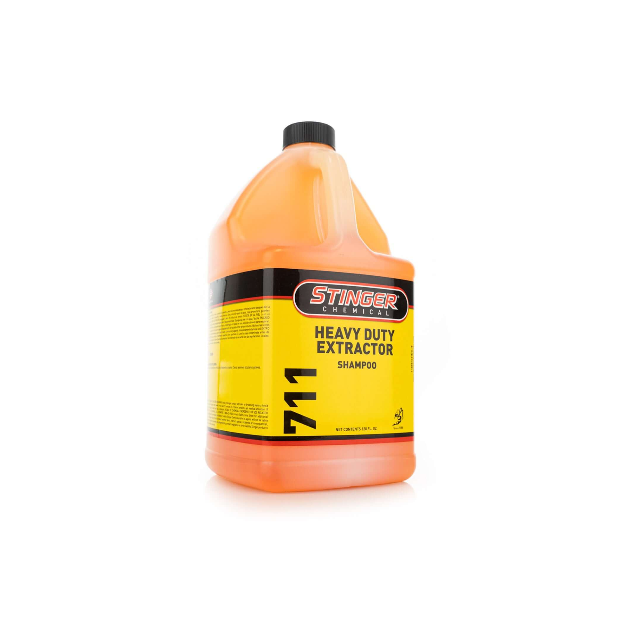 Stinger 711 HD EXTRACTOR CONCENTRATE for interior fabrics; low-foam, citrus-scented, rinses clean with no residue.