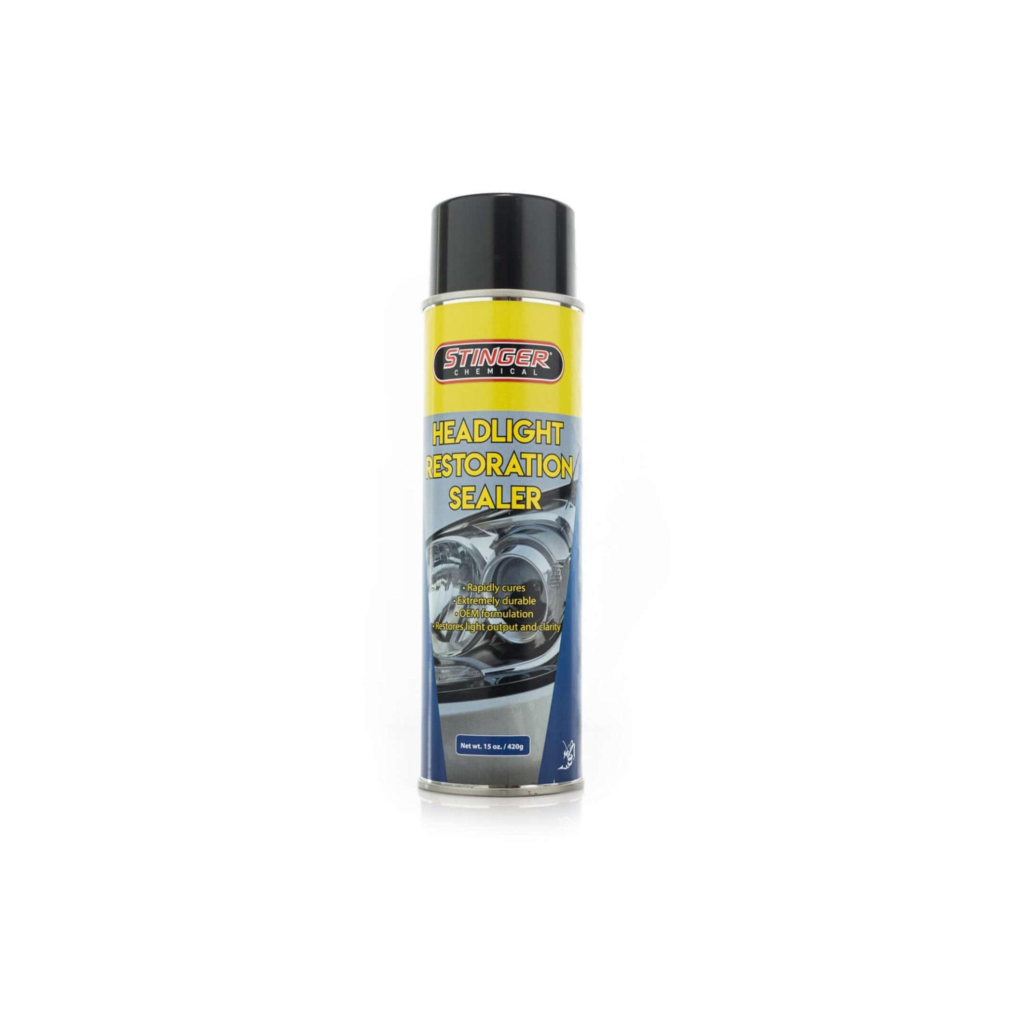 STINGER HEADLIGHT RESTORATION SEALER restores clarity and protects lenses with UV-resistant, cross-linking polymer formula.