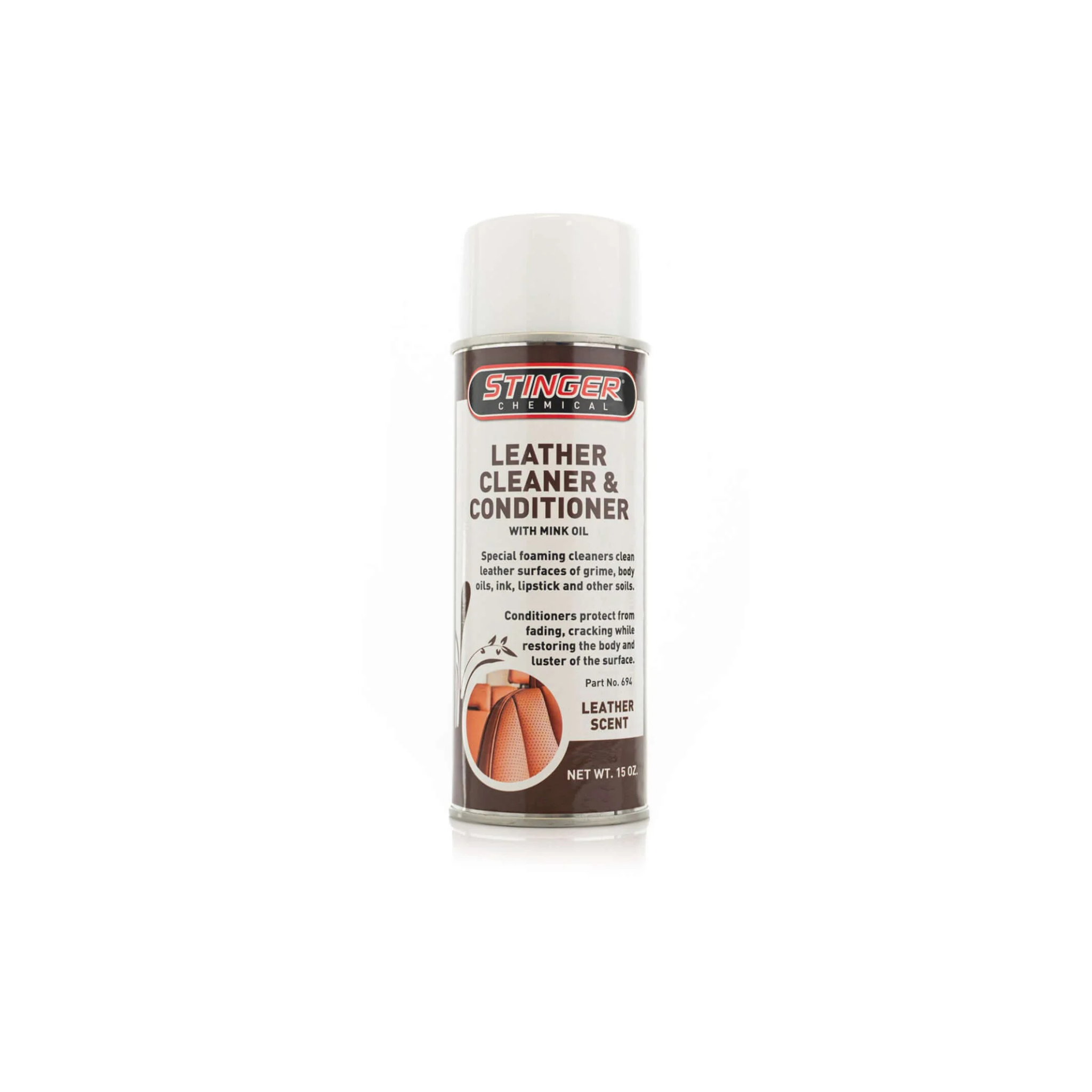 Stinger 694 AEROSOL LEATHER CLEANER & CONDITIONER removes grime and conditions leather with mink oil.