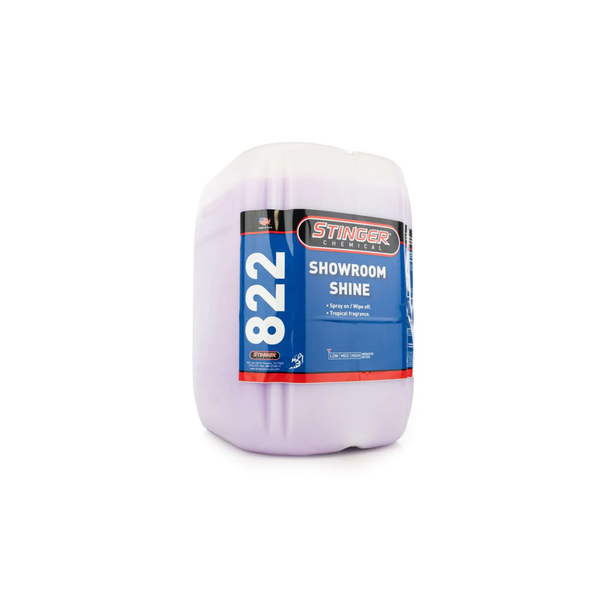 5G jug of Stinger 822 SHOWROOM SHINE that removes smudges and dust, leaving a glossy finish with a tropical scent.