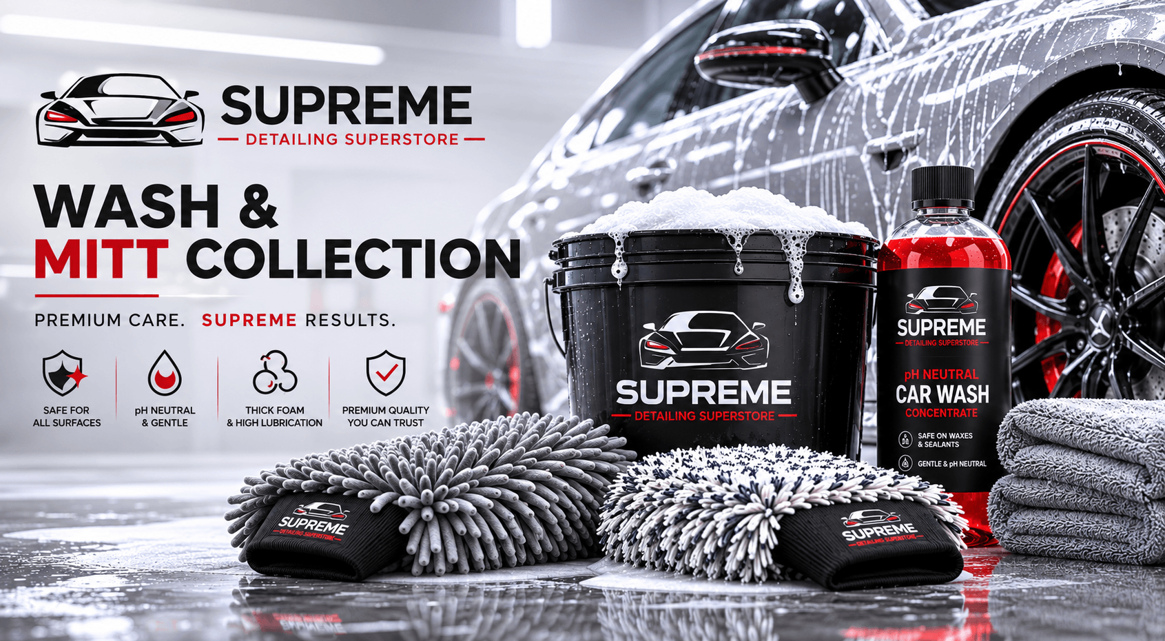 Supreme Detailing Superstore wash and mitt collection with car cleaning products on a wet surface.