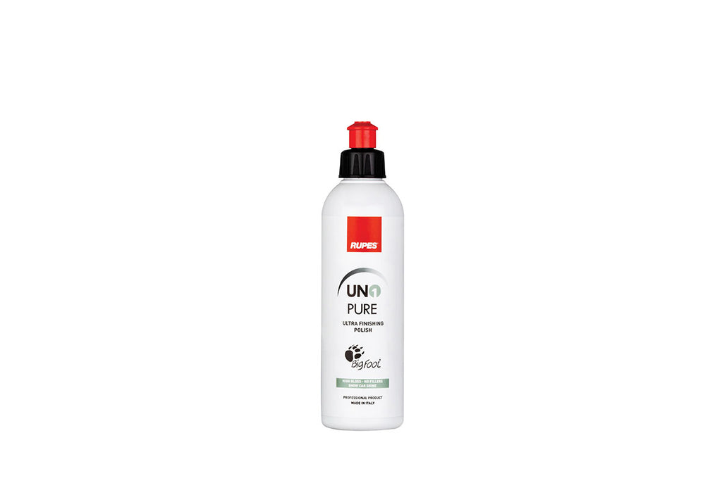 250mL bottle of RUPES UNO Pure, a body shop safe polish formulated without fillers or protection properties.