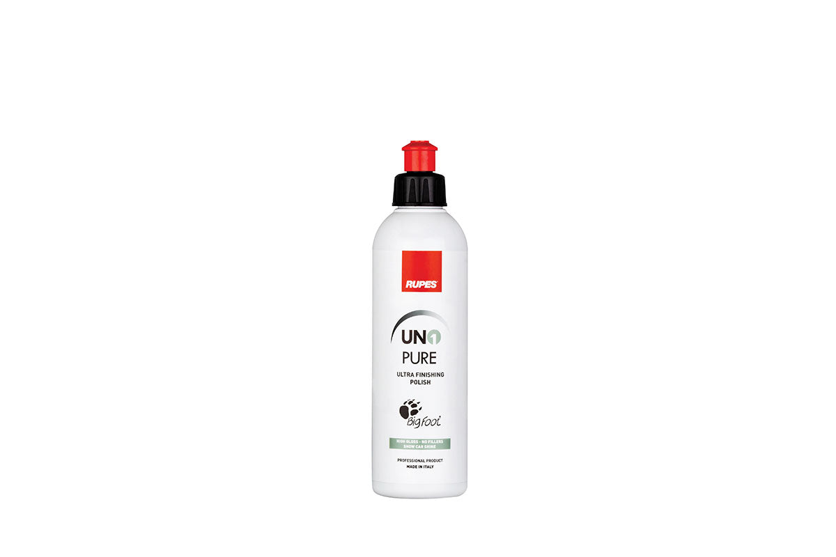 250mL bottle of RUPES UNO Pure, a body shop safe polish formulated without fillers or protection properties.