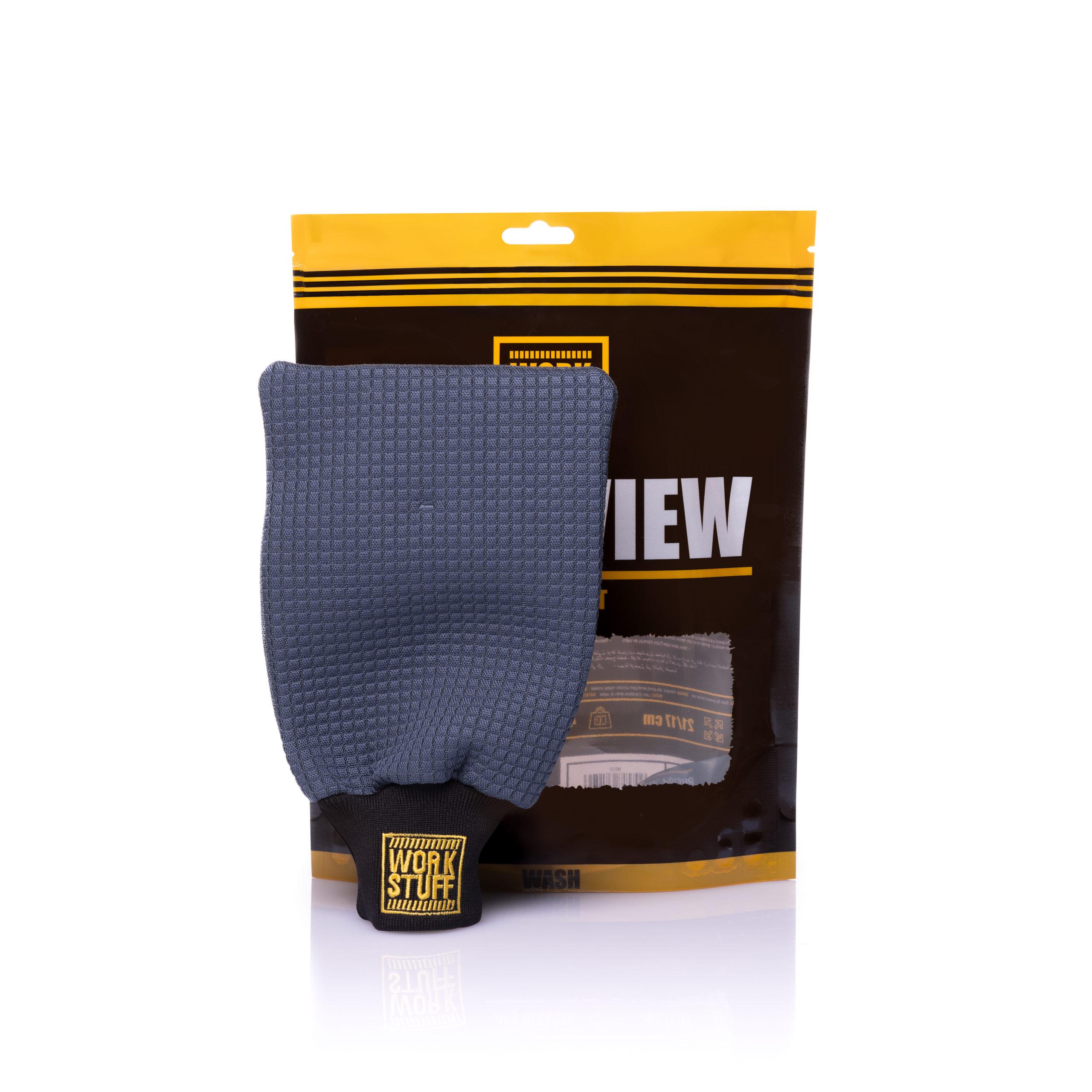 Work Stuff PURE VIEW Glass Mitt with dual-sided microfiber for deep cleaning and streak-free polishing of glass surfaces.