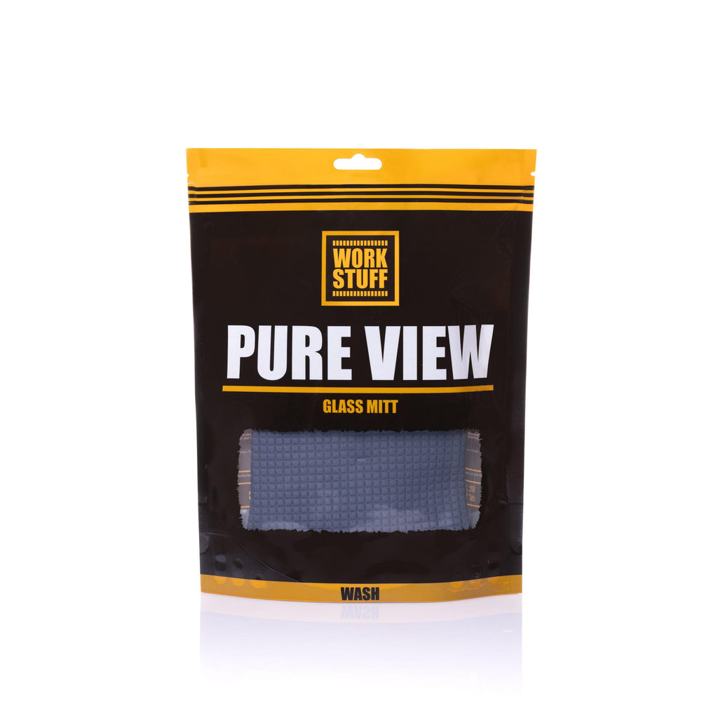 Work Stuff PURE VIEW Glass Mitt with dual-sided microfiber for deep cleaning and streak-free polishing of glass surfaces.