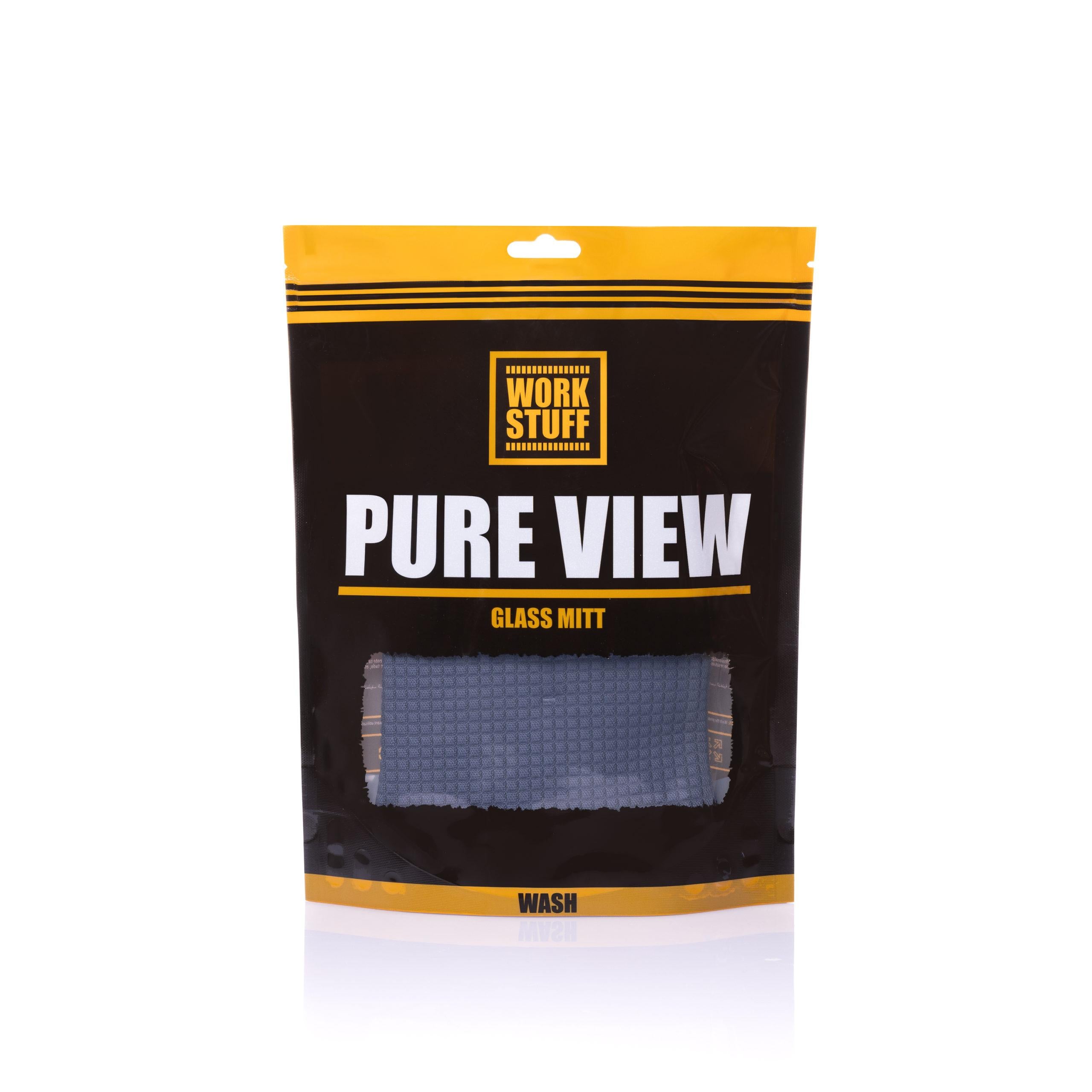 Work Stuff PURE VIEW Glass Mitt with dual-sided microfiber for deep cleaning and streak-free polishing of glass surfaces.