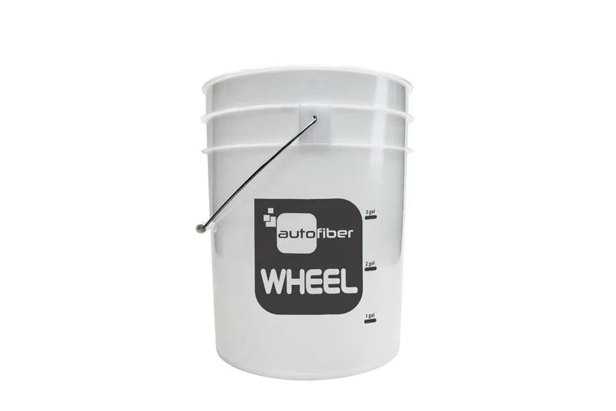 Autofiber 5 Gallon Clear Bucket with gallon marks and 'Wheel' label, ideal for dedicated wheel cleaning.
