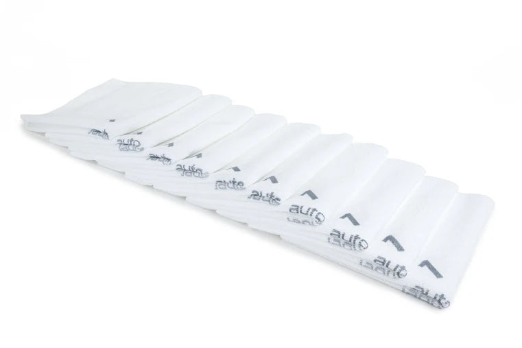 White AutoFiber Quadrant Wipe Microfiber Towels, 10-pack, with numbered quadrants for coating application and leveling.